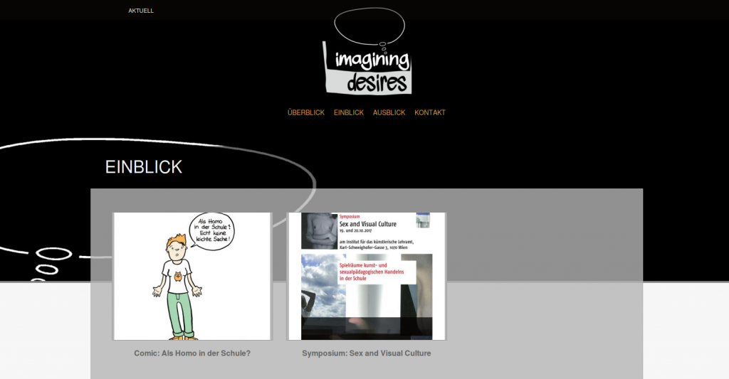 Bildschirmfoto Website: logo mit Schriftzug und eine Gedankenblase, Beiträge des Projekts mit bildern